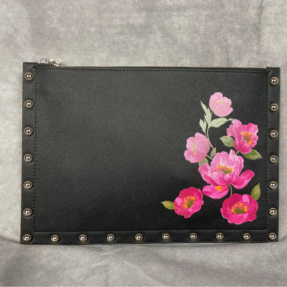 White House Black Market Stud Black Flower Large Clutch NWT